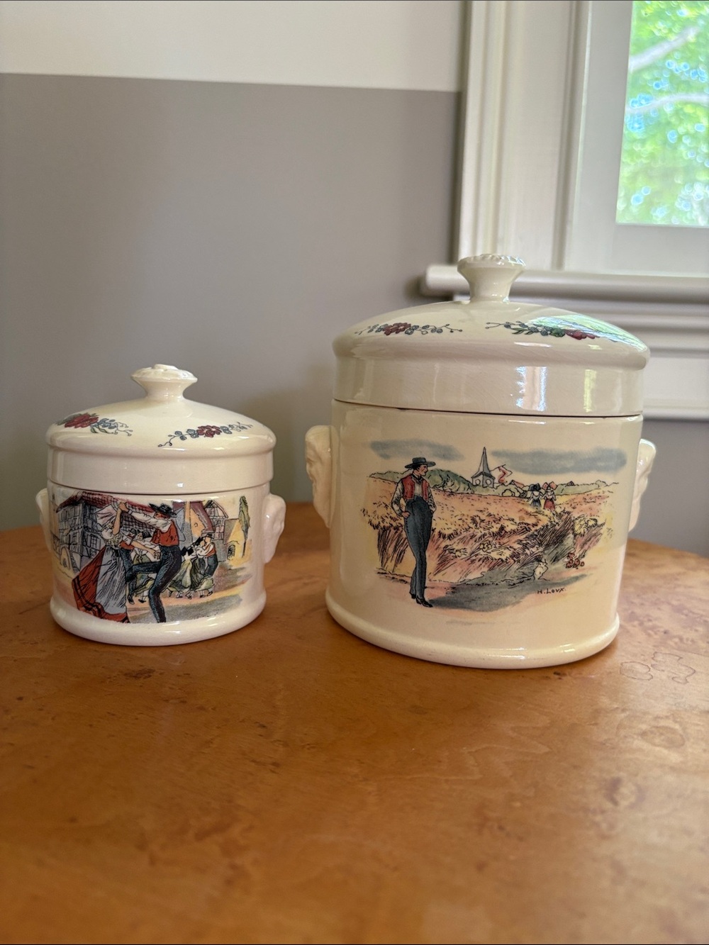 Vintage Illustrated Ceramic Canister Set — Cream with Multicolor Scene